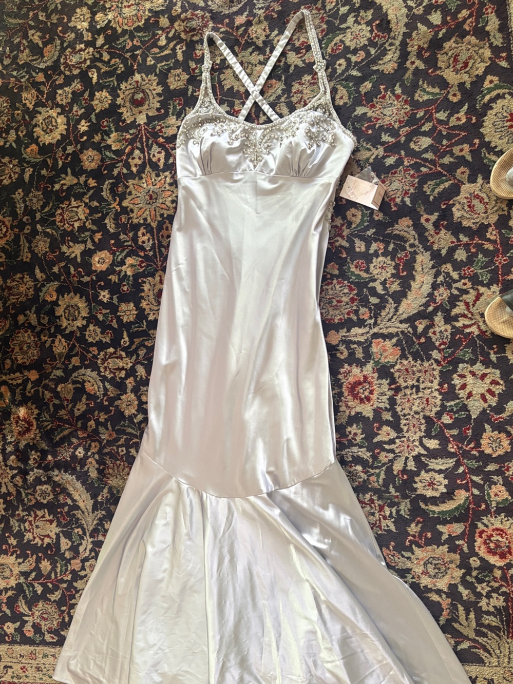 Elegant Ice Blue Satinlike Slip Dress with Beaded Trim and Fantail